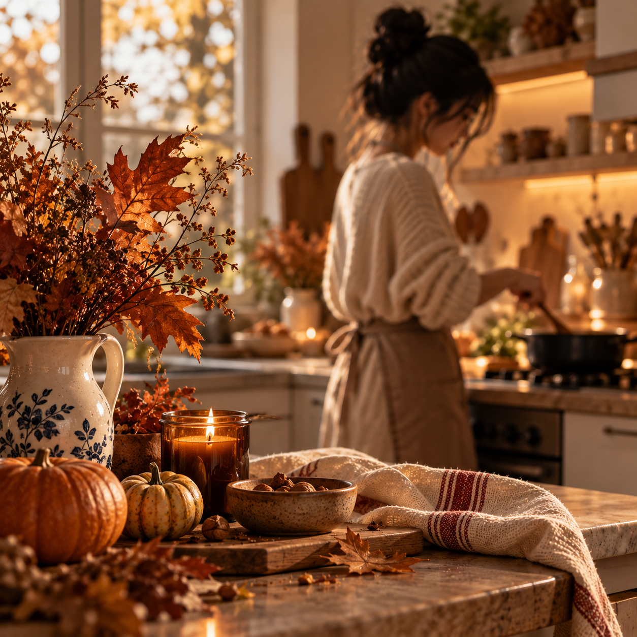 Sue cooking in a warmly lit autumn kitchen, softly out of focus behind seasonal decorations.