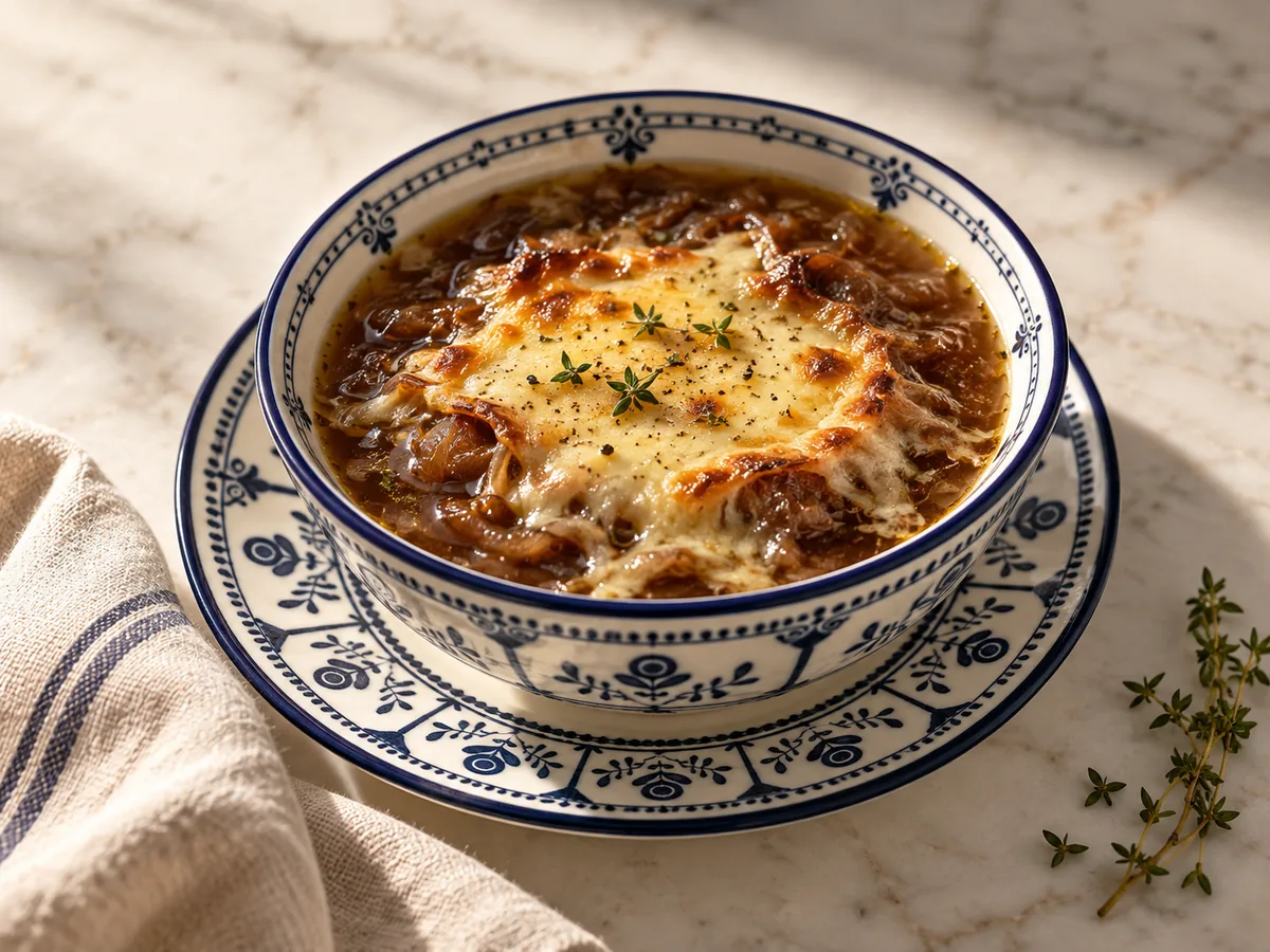 Caramelized onion and Gruyère soup in a blue-and-white patterned bowl.