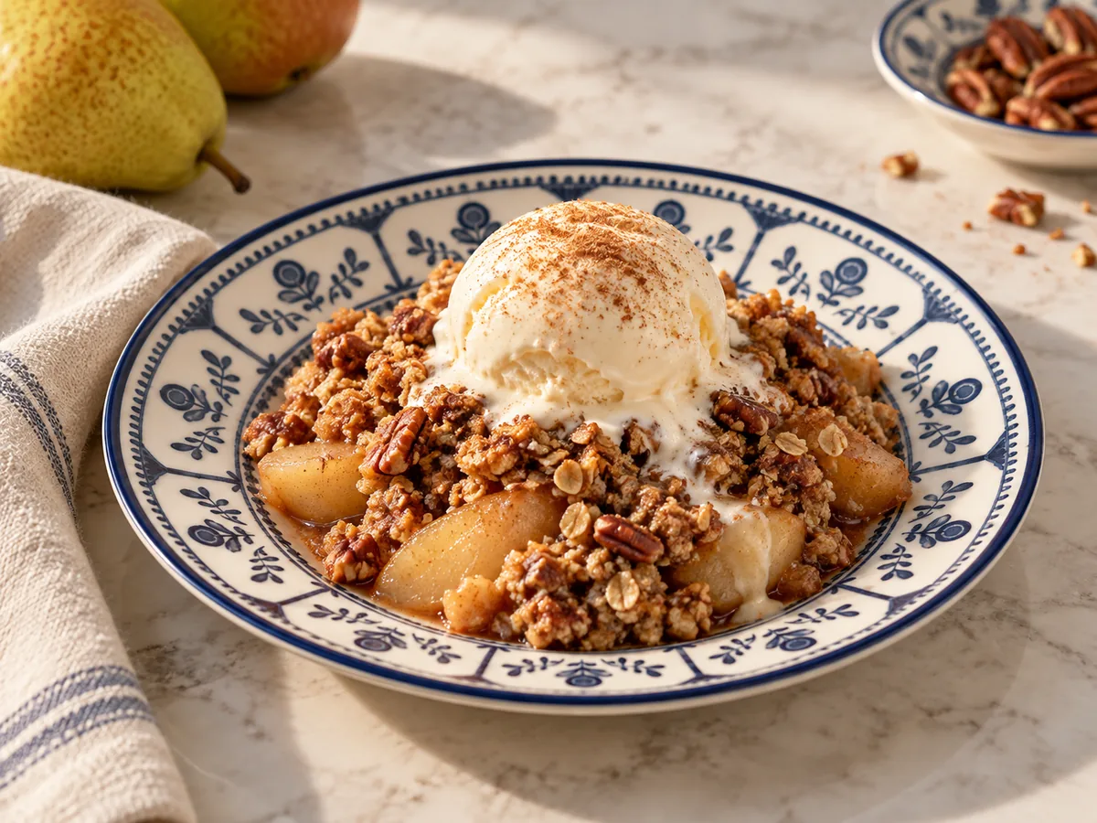 Spiced pear and pecan crumble with vanilla ice cream on a blue-and-white patterned plate.