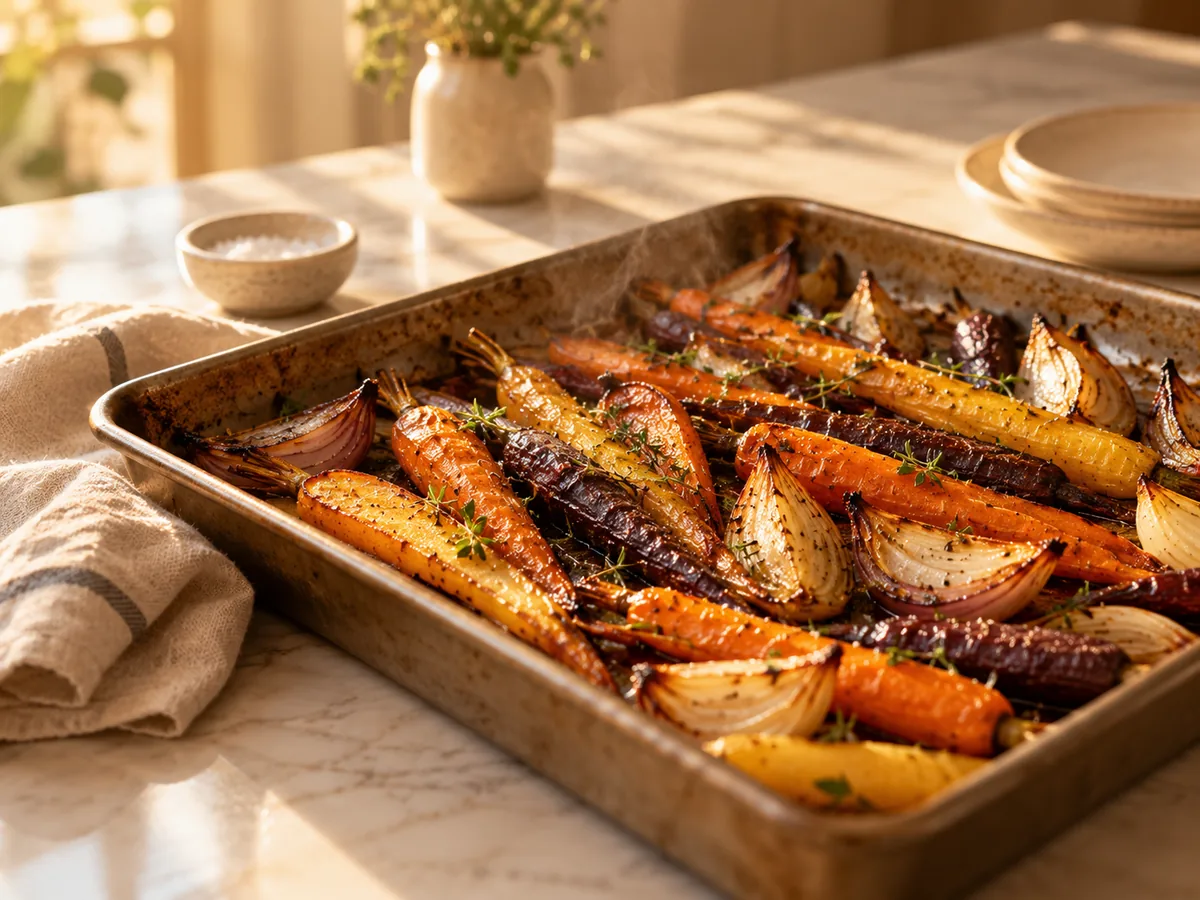 Carrots and onions roasting on a sheet pan in warm afternoon light.